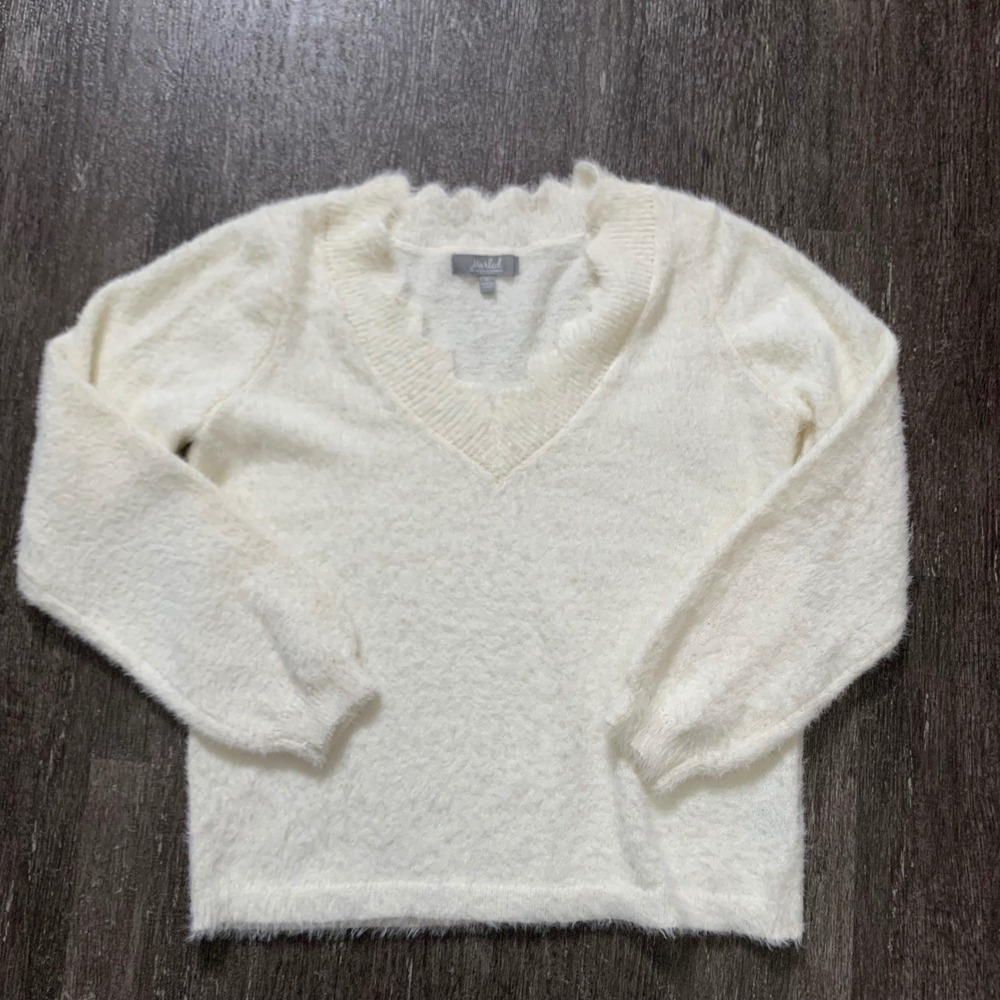Marled Fuzzy V Neck Sweater Cream Long Sleeve Cozy Vneck Top Oversized